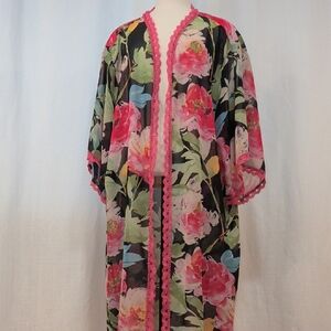 NWOT Sheer Floral Kimono -Pink Lace Trim- Swim Coverup XL